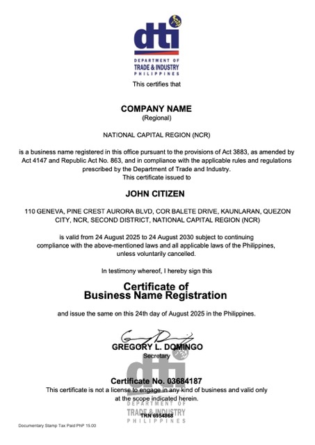 Philippines certificate of business name registration Word and PDF version 2